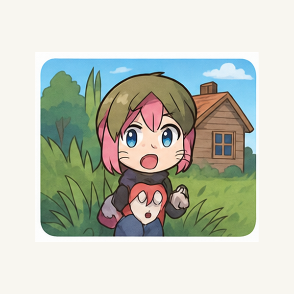草むらと小屋の近くに隠れるピンク髪のちびキャラ