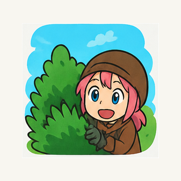 草むらに隠れて周囲を見るピンク髪のちびキャラ